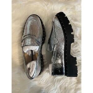 Schutz Christie Studs Crackled Leather Loafers Slip On Glam Silver Women 9.5 NWT